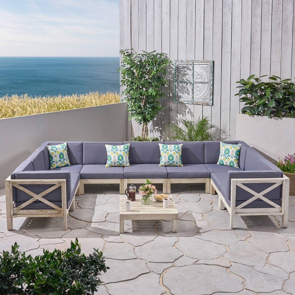 Brava Outdoor 9 Seater Acacia Wood Sectional Sofa Set by Christopher Knight Home