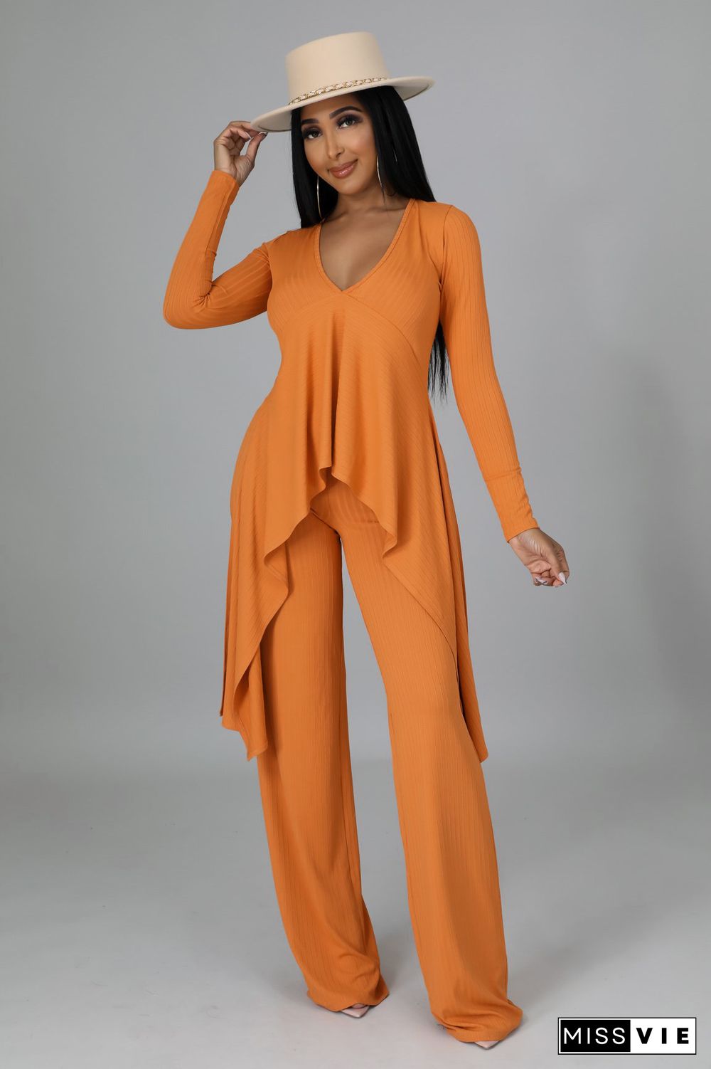 V Neck Irregular Top Straight-leg Pants Set