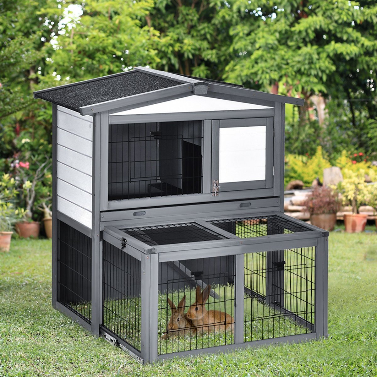 PawHut Deluxe Wooden 2 Story Rabbit Hutch