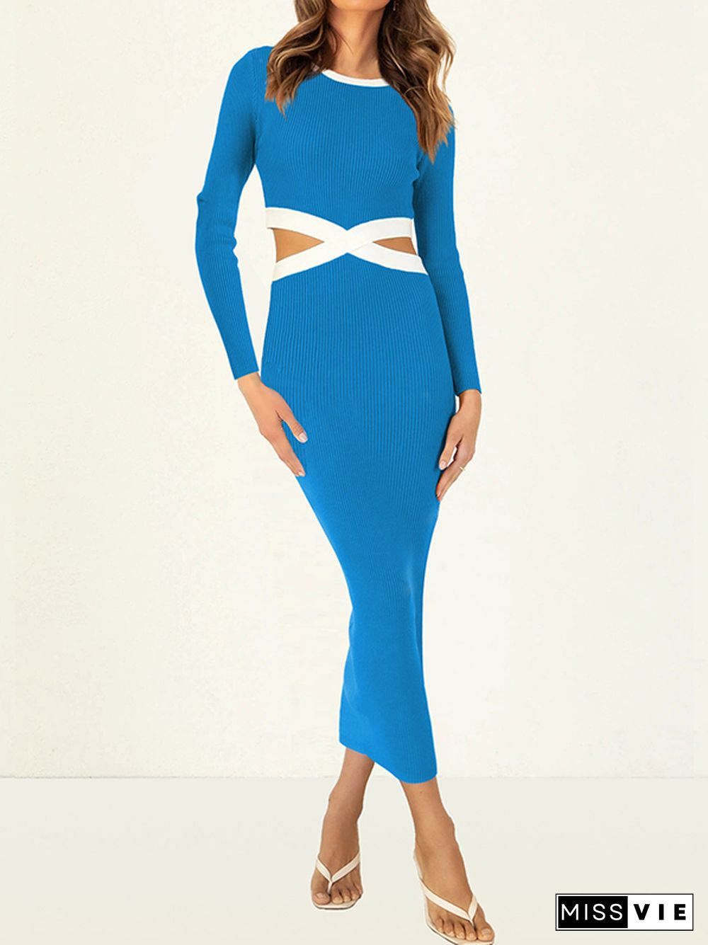 High Waisted Long Sleeves Hollow Round-Neck Midi Dresses