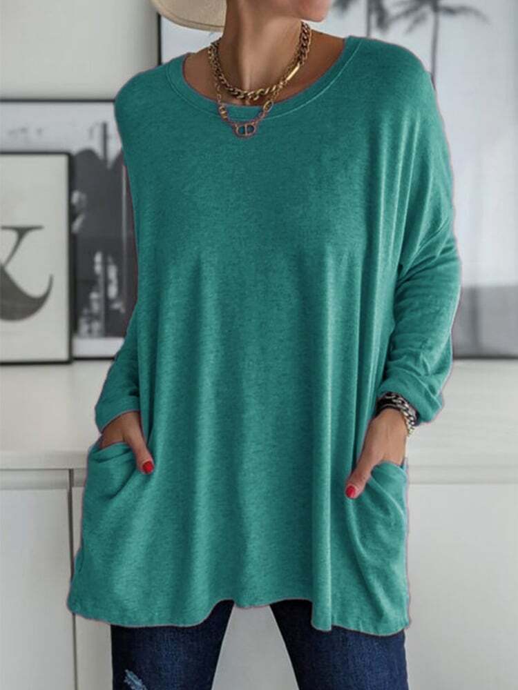 Solid Pocket Round Neck Long Sleeve T-Shirt