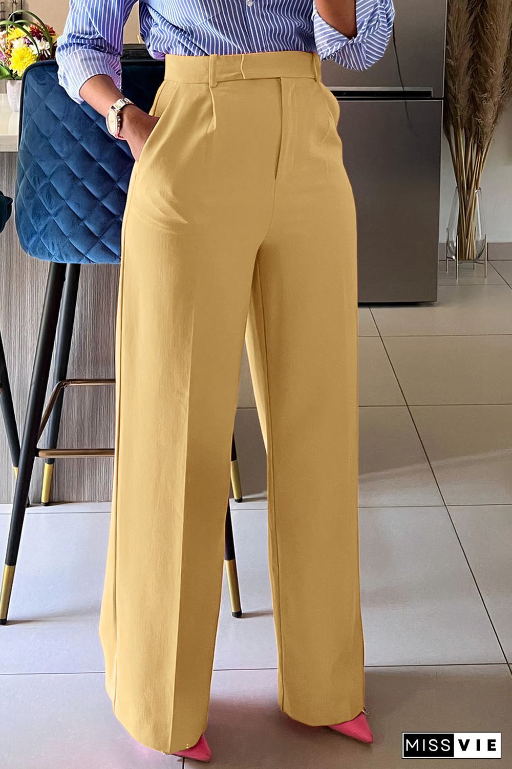 Solid Pocket Detail High Waist Straight Leg Pants