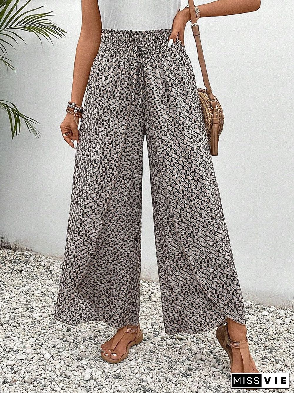 Brown Print Elastic Drawstring Waistband Pants