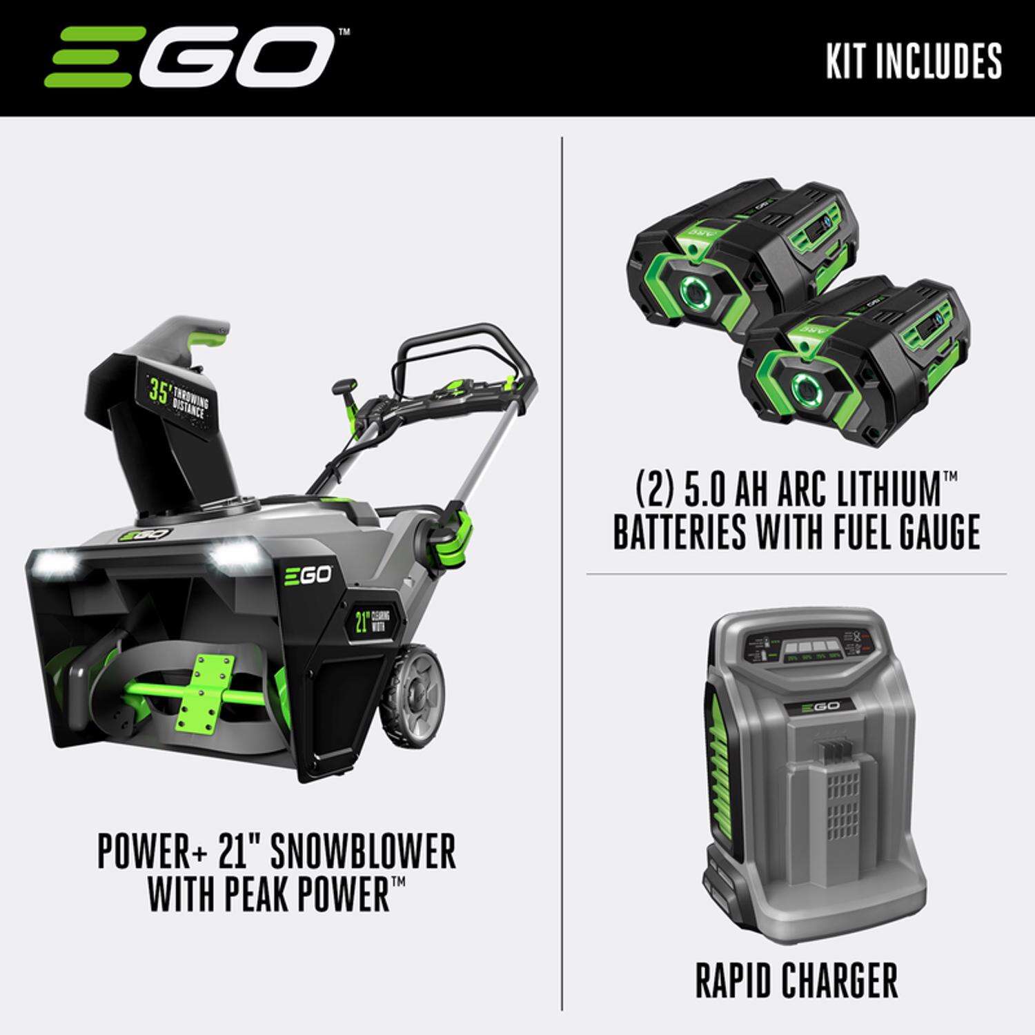 EGO Power+ Peak Power SNT2102 21 in. Single stage 56 V Battery Snow Blower Kit (Battery and Charger) W/ TWO 5.0 AH BATTERIES