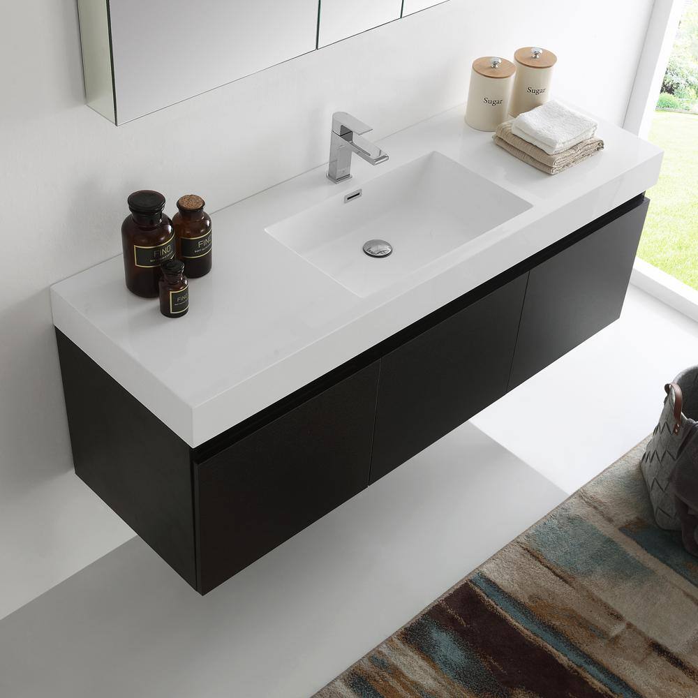 Fresca Mezzo 59 in. Vanity in Black with Acrylic Vanity Top in White with White Basin and Mirrored Medicine Cabinet FVN8041BW