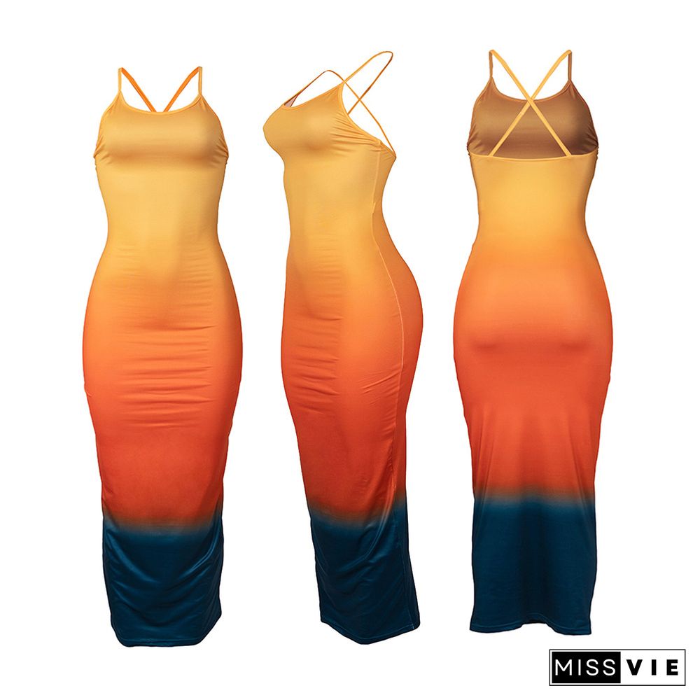 Sexy Summer Outfit Gradient Color Sleeveless Spaghetti Strap O-neck Strechy Bodycon Long Maxi Dresses