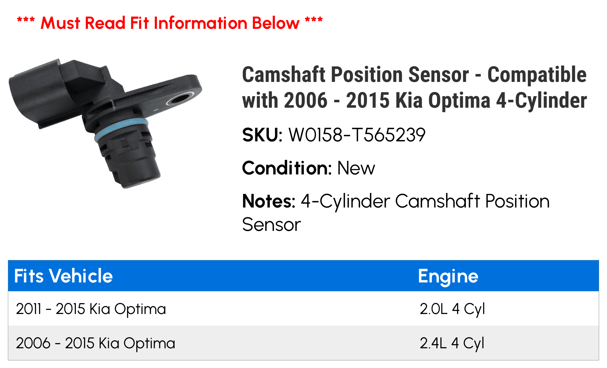 Camshaft Position Sensor - Compatible with 2006 - 2015 Kia Optima 4-Cylinder 2007 2008 2009 2010 2011 2012 2013 2014