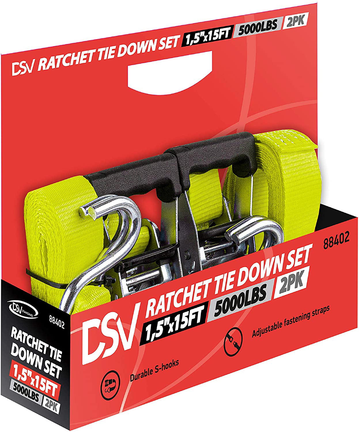 DSV Standard Ratchet Tie Down Straps - (2Pk) 1.5" x 15' 5000 Lb Break Strength - Cargo Tow Straps with Padded Handle & Double S Hook for Securing Appliances, Motorcycles, Ladders, Trailers