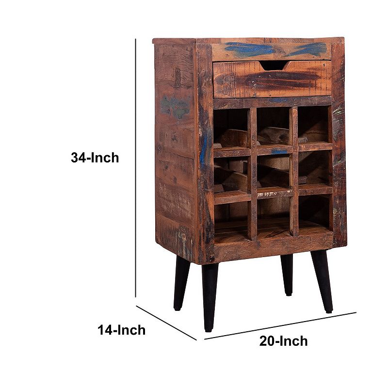 9 Bottle Storage Wine Rack Cabinet with 1 Drawer and Angled Metal Legs， Brown