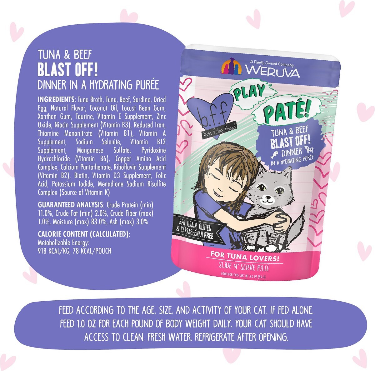 BFF Play Pate Lovers Tuna and Beef Blast Off Wet Cat Food， 3-oz pouch， pack of 12