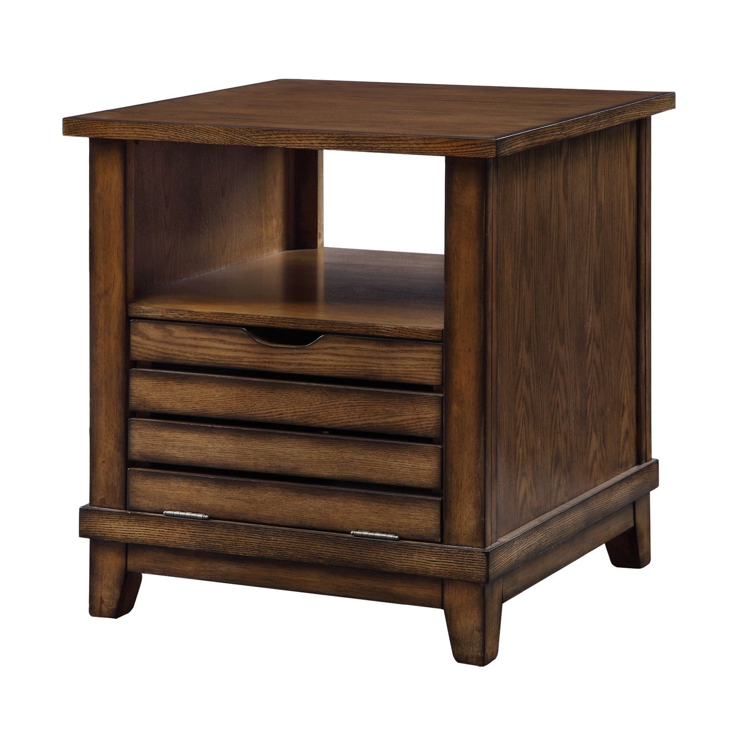 Wooden End Table with Drop-down Door in Oak Finish