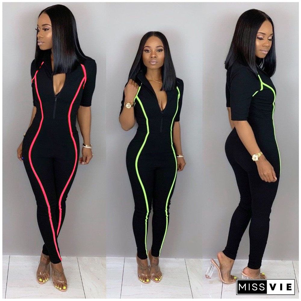 Fashion V-neck Short Sleeve Slimmer Jumpsuits