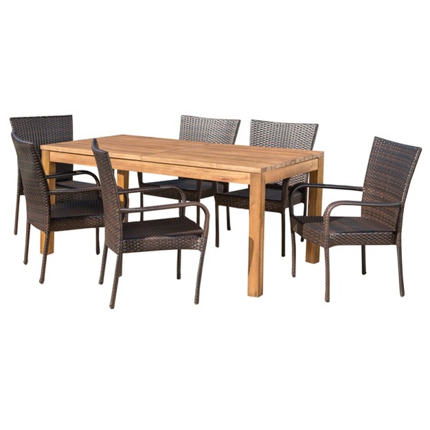 Lambert 7pc Acacia amp Wicker Dining Set Teak brown Christopher Knight Home Expandable Weather resistant Outdoor Patio Set With Stackable Chairs