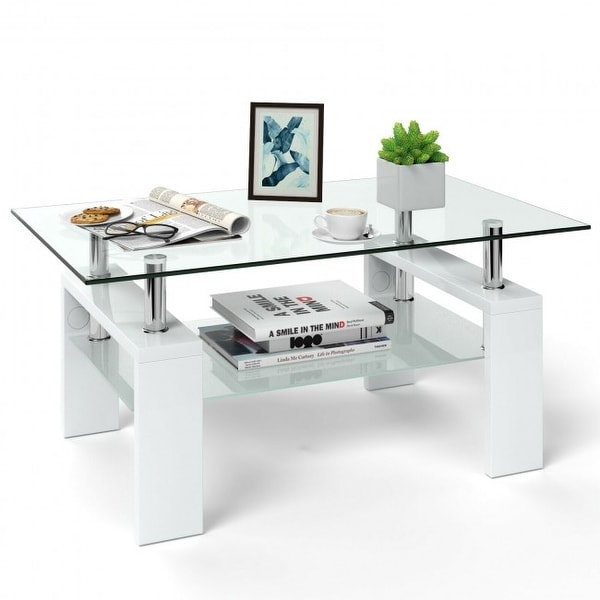 Rectangular Tempered Glass Coffee Table End Side Table with Shelf - 39