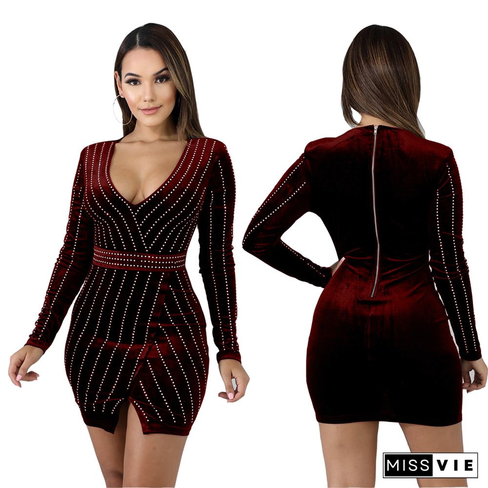 Hot Drilling Long Sleeve V Neck Bodycon Mini Dress