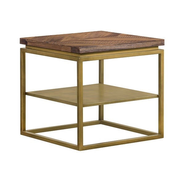 Tray Rustic Brown Wood Side table with Shelf and Antique Brass Base - Square