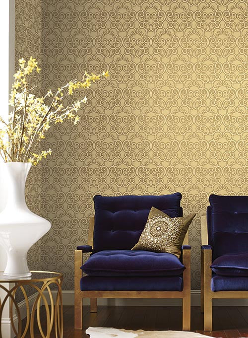 Shadow Scroll Wallpaper in Gold and Beige by Antonina Vella for York Wallcoverings