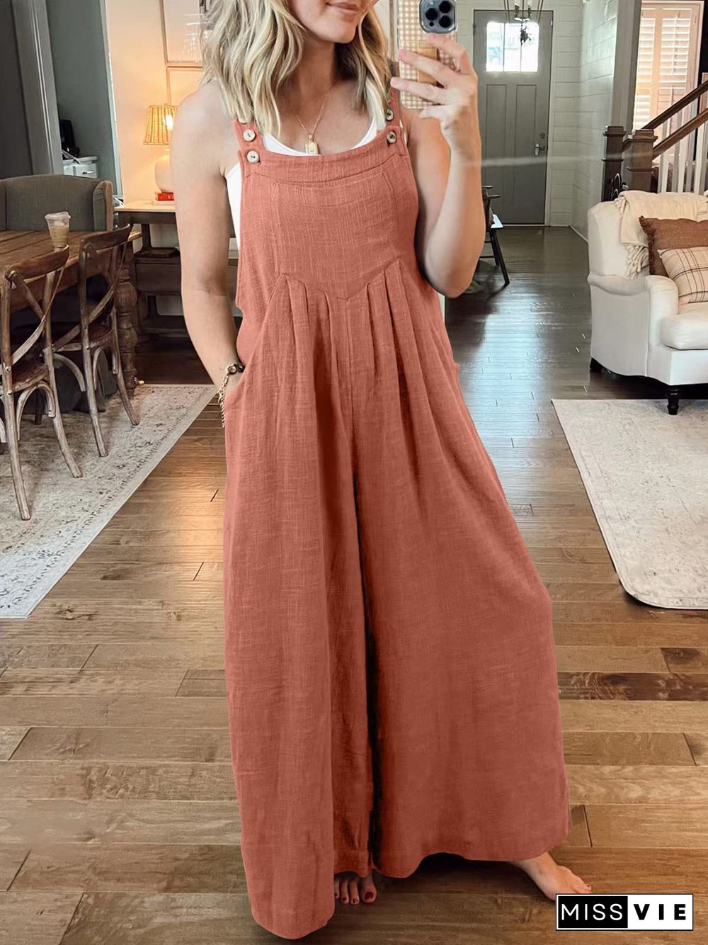 Women's Cotton Linen Sleeveless U-neck Colorful Solid Color Overalls Jumpsuit