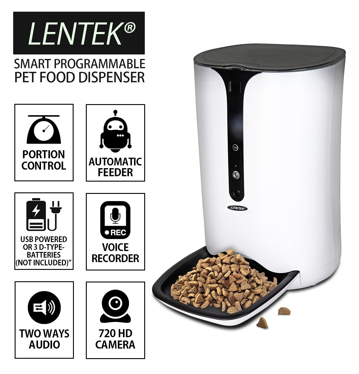 Lentek Smart Pet Feeder with 720p HD Video， 2-Way Audio， 200 oz. Programmable WiFi Cat or Dog Food Dispenser， Schedule Mealtimes， Automatic Portion Control， Free App for iPhone and Android Smartphone