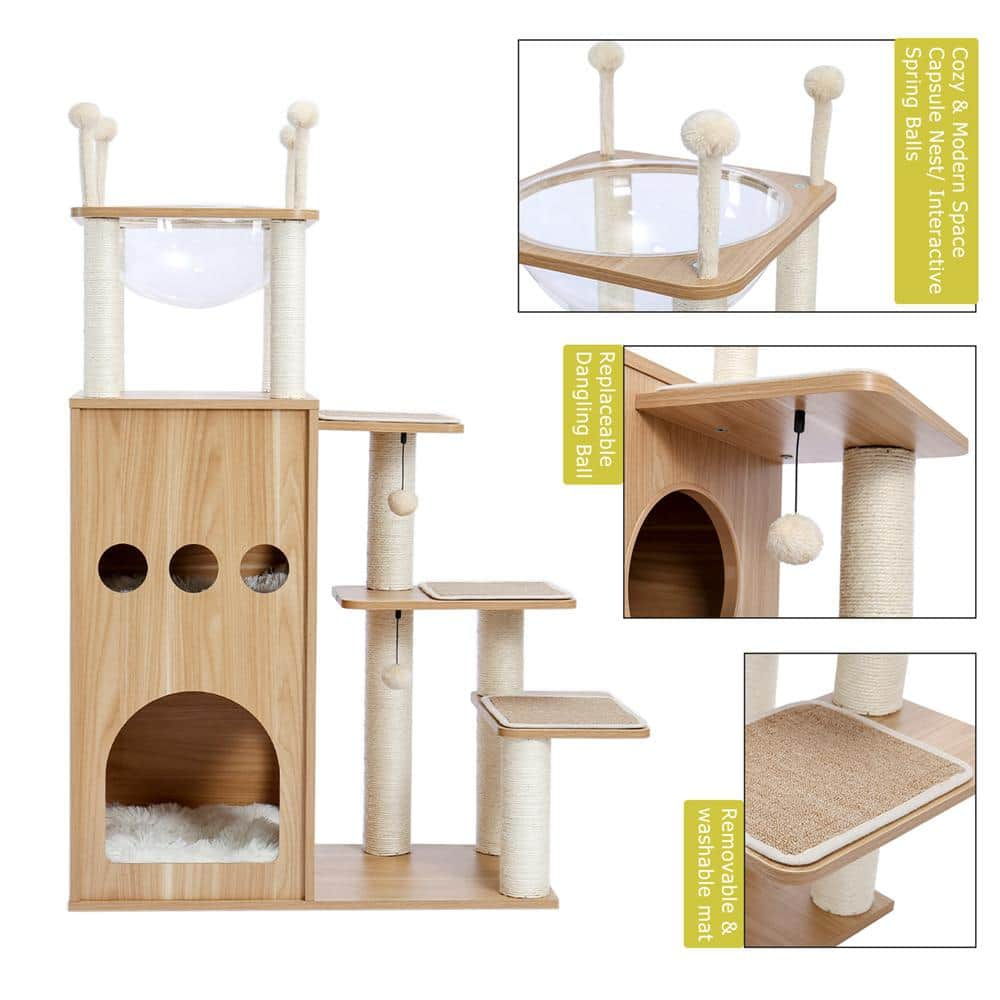 Foobrues 51.20 in. H Pet Cat Scratching Posts and Trees MDF Cat Tower with Fully Sisal Covering Scratching Posts in Beige LNN-P23168182