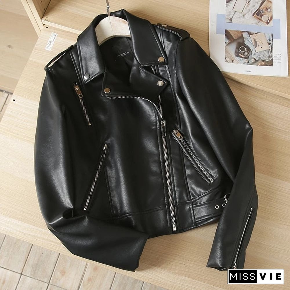 New Autumn Winter Women Black Faux Leather Jacket Fashion Solid Zipper Biker Coat Female