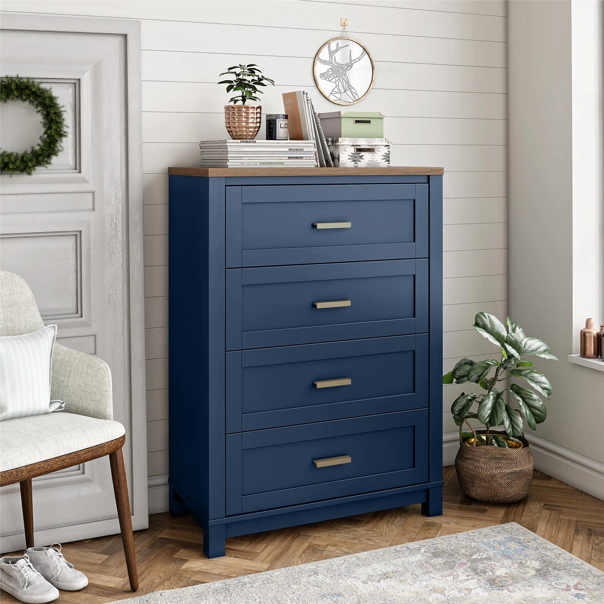 Armada Navy 4 Drawer Dresser with Walnut top