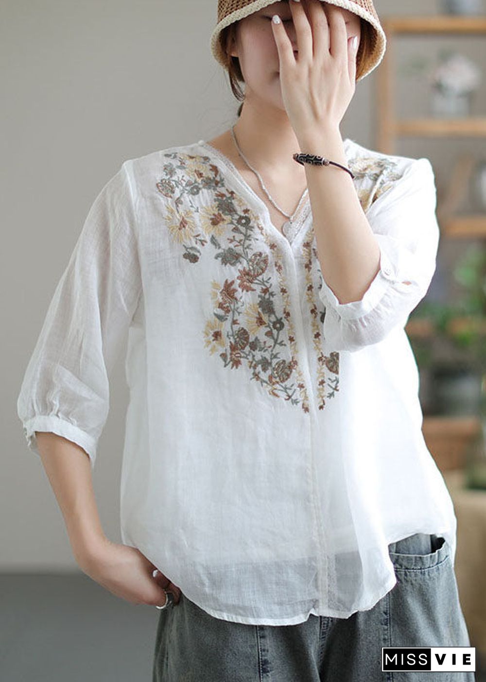 Women White V Neck Embroideried Linen Blouse Tops Half Sleeve