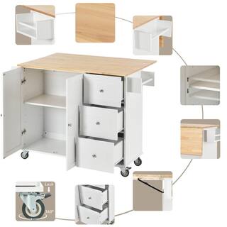 Tileon White Solid Wood 52.76 in. Kitchen Island with Drop-Leaf Table Top and 3-Drawers AYBSZHD2849