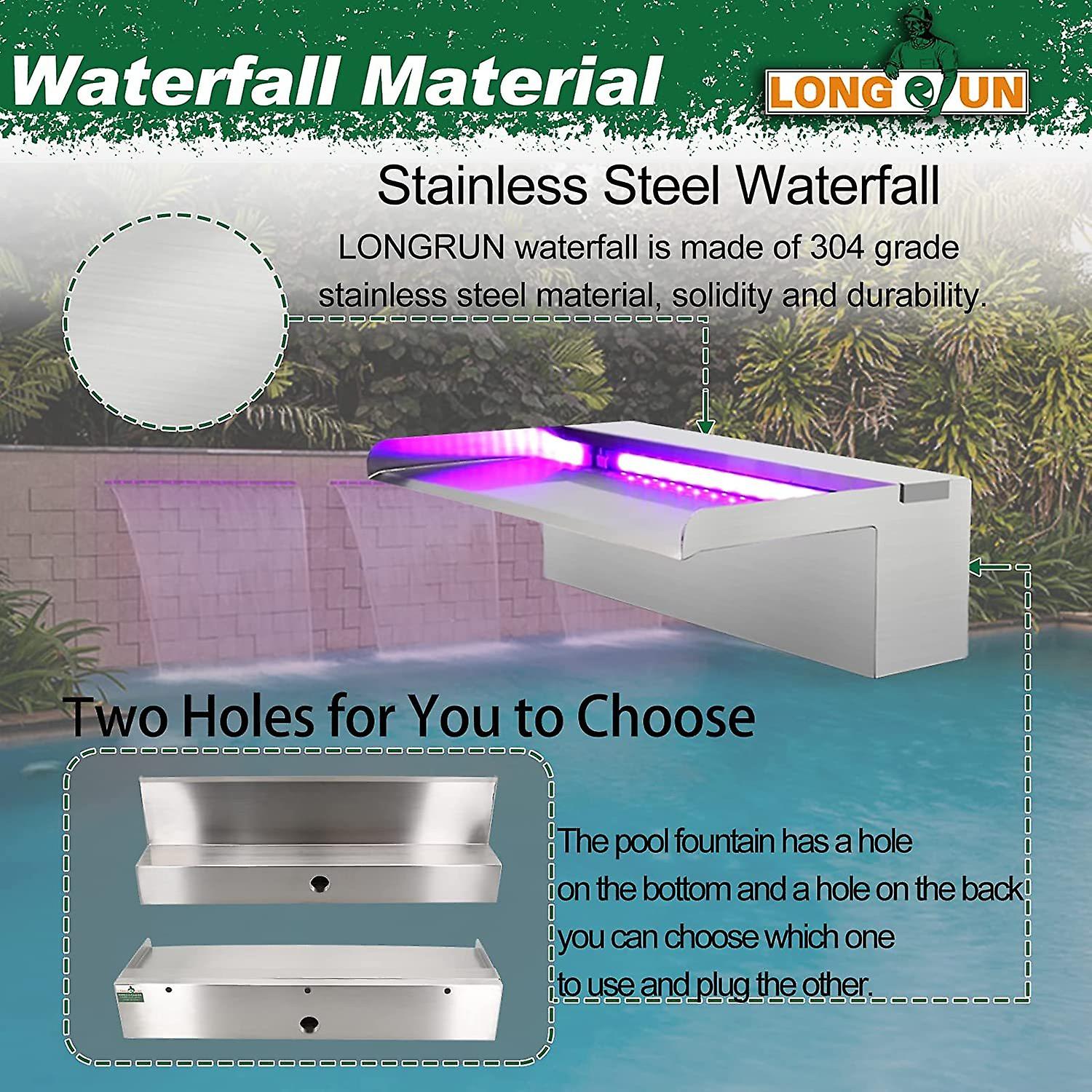 Waterfall Spillway Stainless Steel Pond Waterfalls With Color Changing Led Light， Outdoor Pool Fountain Water Spillway Waterfall Kit For Garden Patio