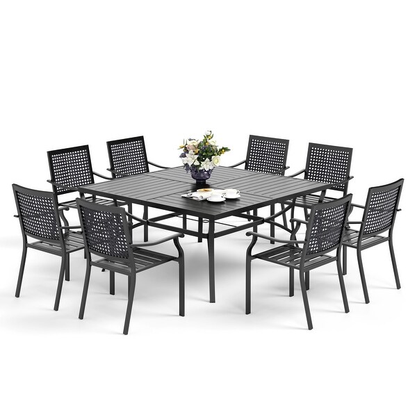 9Piece Patio Dining Set 1 Large Square Metal Table and 8 Stackable Chairs