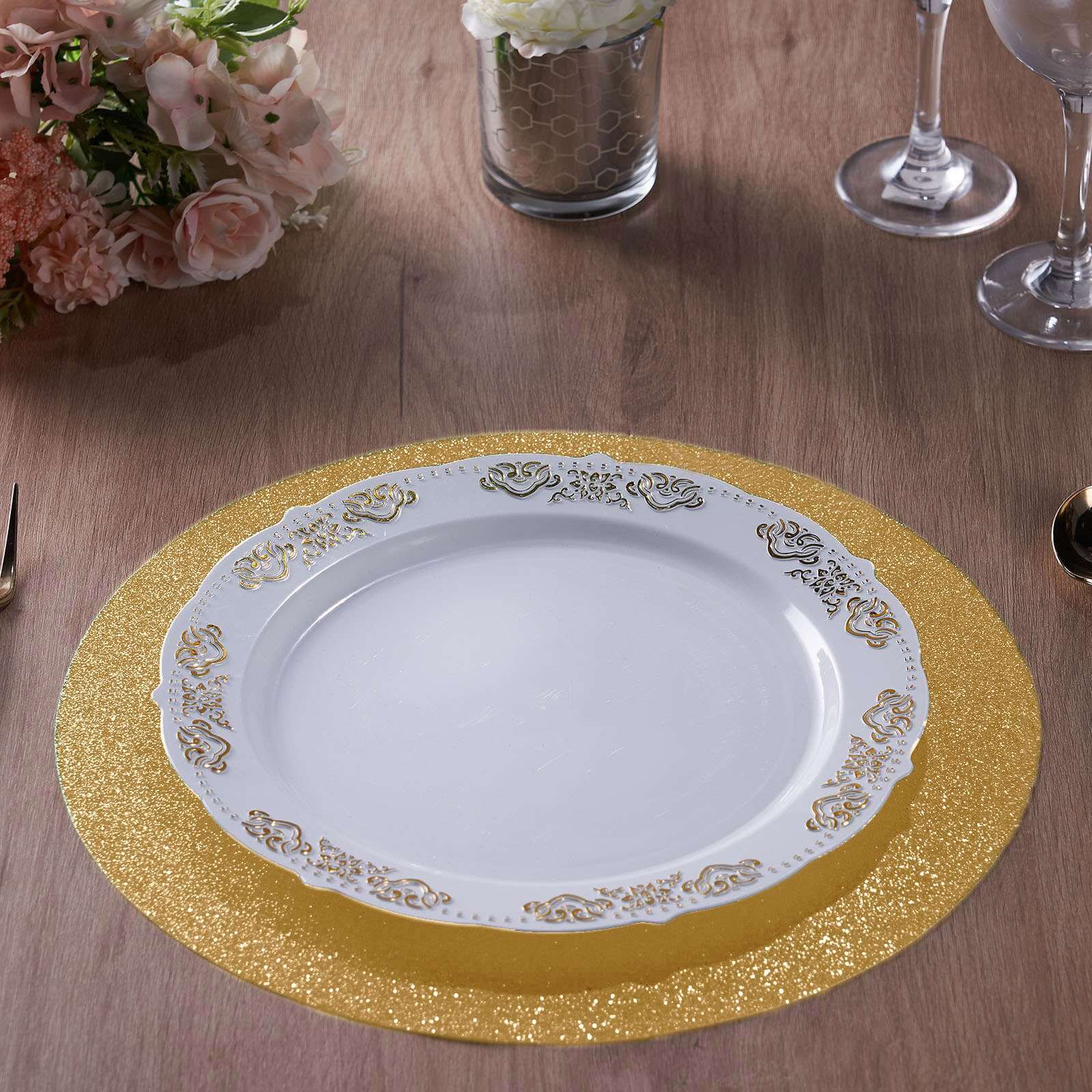 6 Pack Champagne Sparkle Placemats, Non Slip Decorative Round Glitter Table Mat