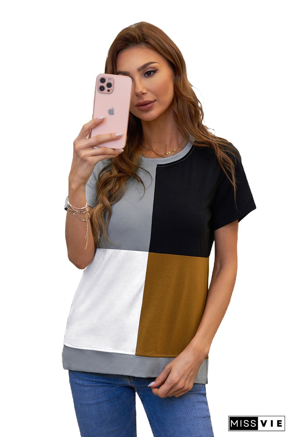 Brown Colorblock T-shirt with Slits