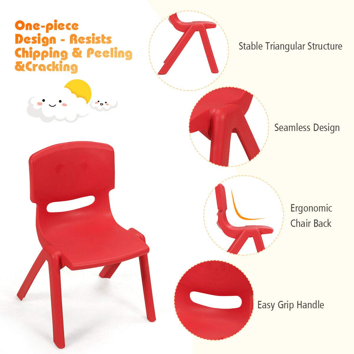 Costzon Plastic Stackable School Chairs, 6 Pack, Kids Learning Chairs with 11 inch Seat Height (6 Pack, Red)