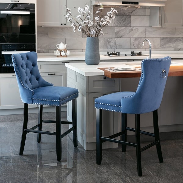 Velvet Upholstered Barstools with Button Tufted Decoration and Wooden Legs