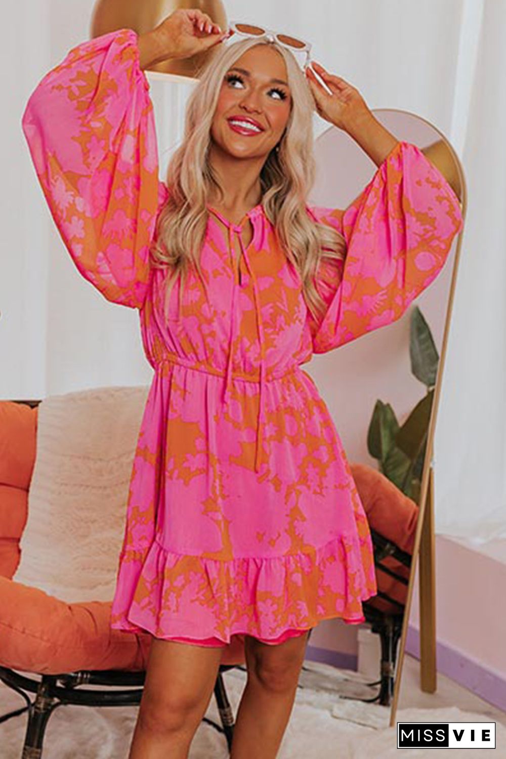 Rose Abstract Printed Puff Sleeve Ruffle Flowy Dress