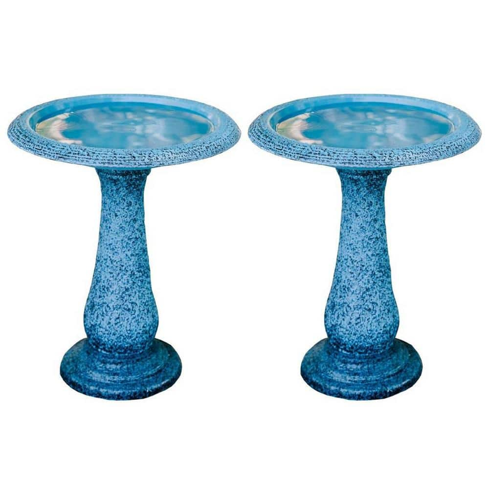 XBRAND 23.6 in. Tall Blue Fiber Stone Glazed Birdbaths with Tall Round Pedestal and Base (Set of 2) GE2420BBBL-2