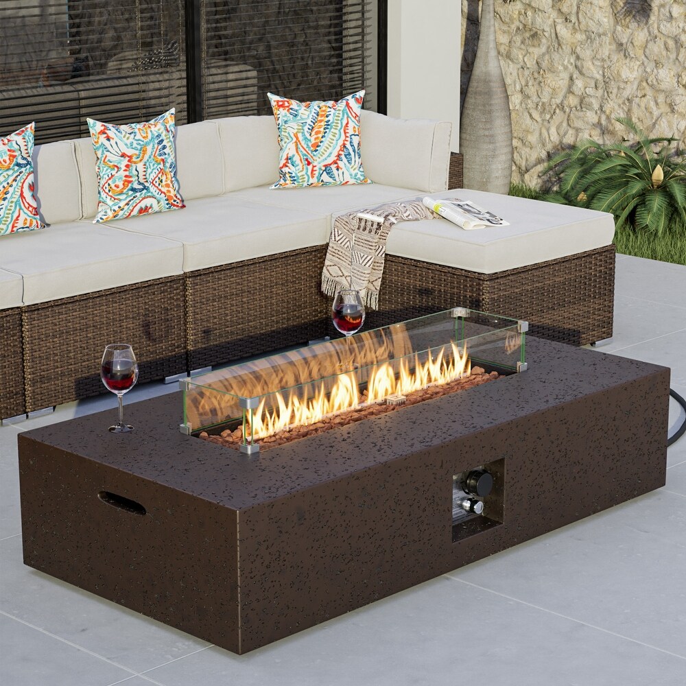 COSIEST Outdoor Patio Propane Rectangular Fire Pit Table w/ Wind Guard