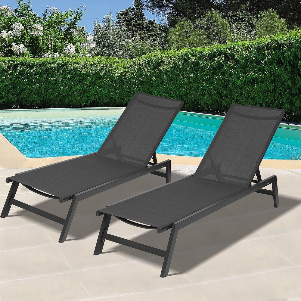 2 Piece Set Chaise Lounge Chairs   Weather Adjustable Aluminum Recliner