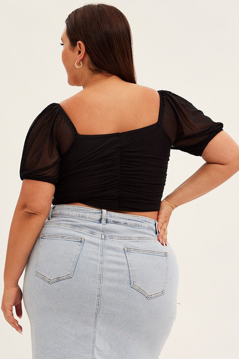 Black Corset Top Short Sleeve Crop Mesh