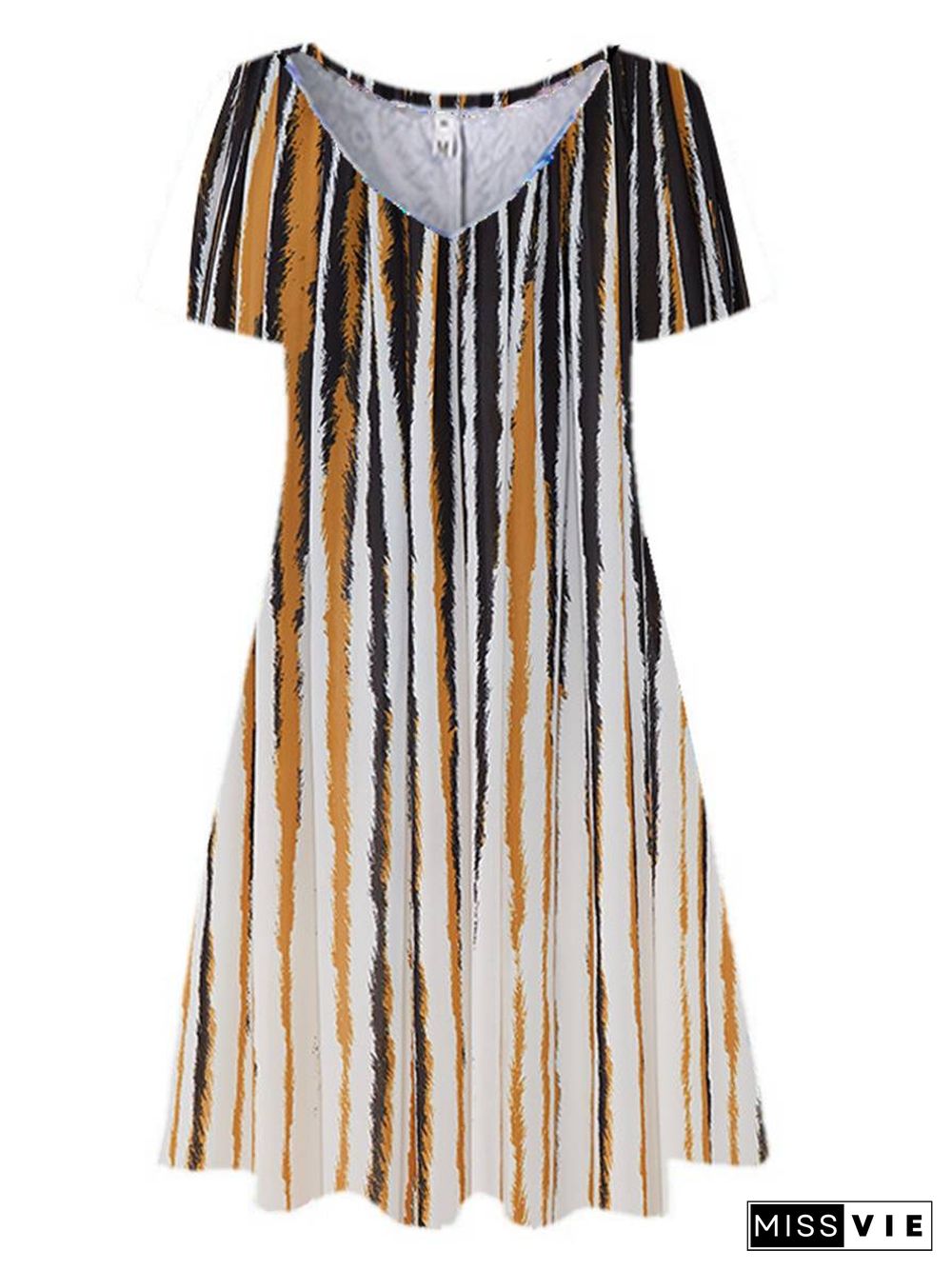 Women Short Sleeve V-neck Striped Print Midi Dress