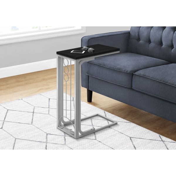 Accent Table， C-shaped， End， Side， Snack， Living Room， Bedroom， Black Laminate， Grey Metal， Transitional