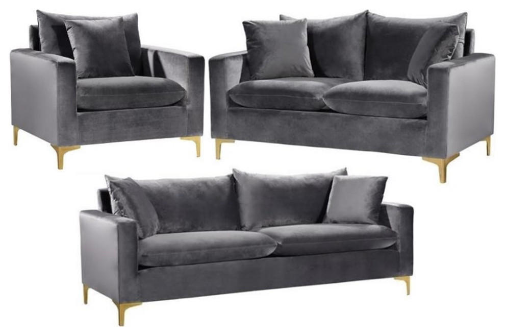 Home Square 3 Piece Set with Velvet Accent Chair Loveseat and Sofa in Gray   Living Room Furniture Sets   by Homesquare  Houzz