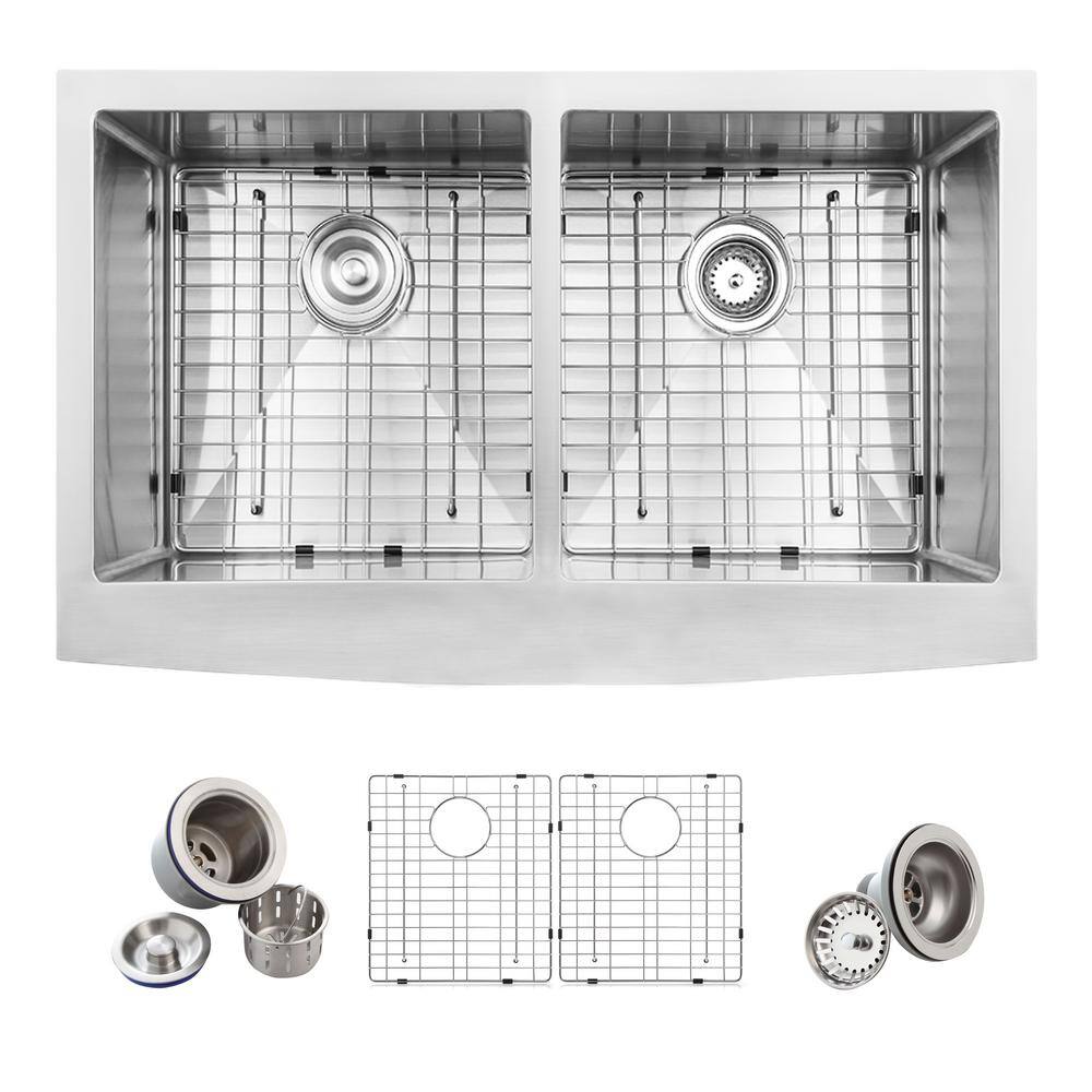 Glacier Bay Professional 33 in. Farmhouse Apron-Front 16 Gauge 5050 Double Bowl Stainless Steel Kitchen Sink with Accessories 4126F