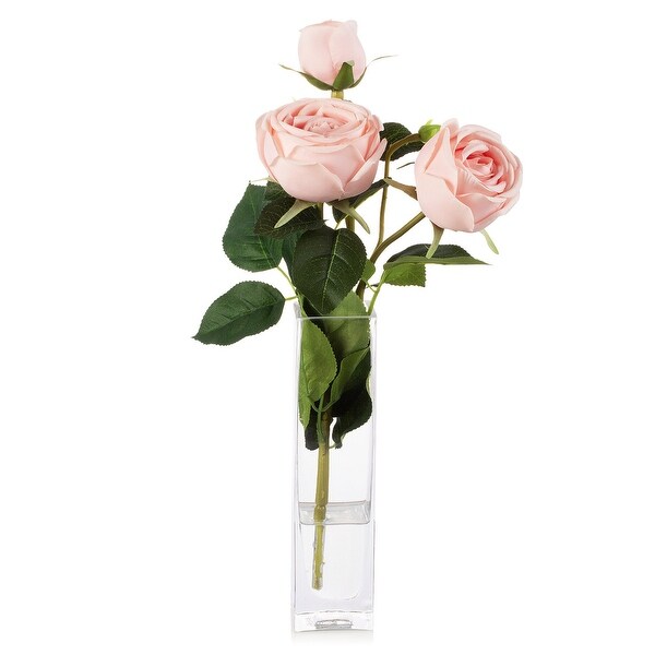 Enova Home Artificial Silk Rose Flower in Clear Glass Vase Faux Rose Flower with Vase For Home Office Decoration