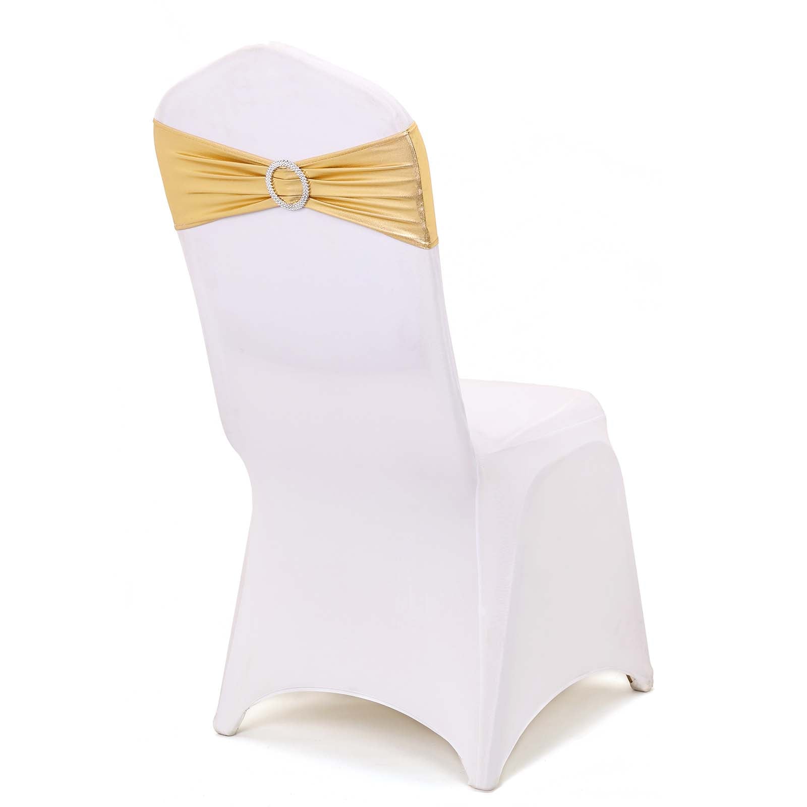 5 Pack Metallic Gold Spandex Chair Sashes With Attached Round Diamond Buckles