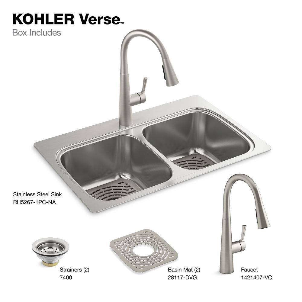 KOHLER Verse Stainless Steel 33 in. Double Bowl Drop-In Kitchen Sink with Faucet K-RH5267-1PC-NA