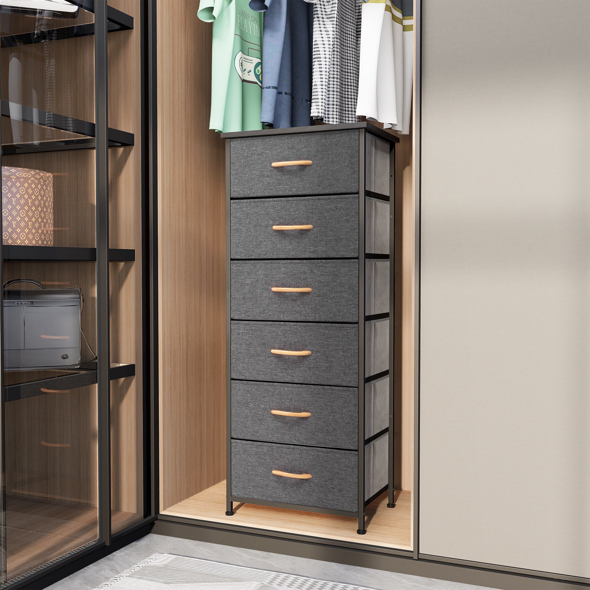 Vredhom Gray 6 Drawers Fabric Dresser Storage Tower