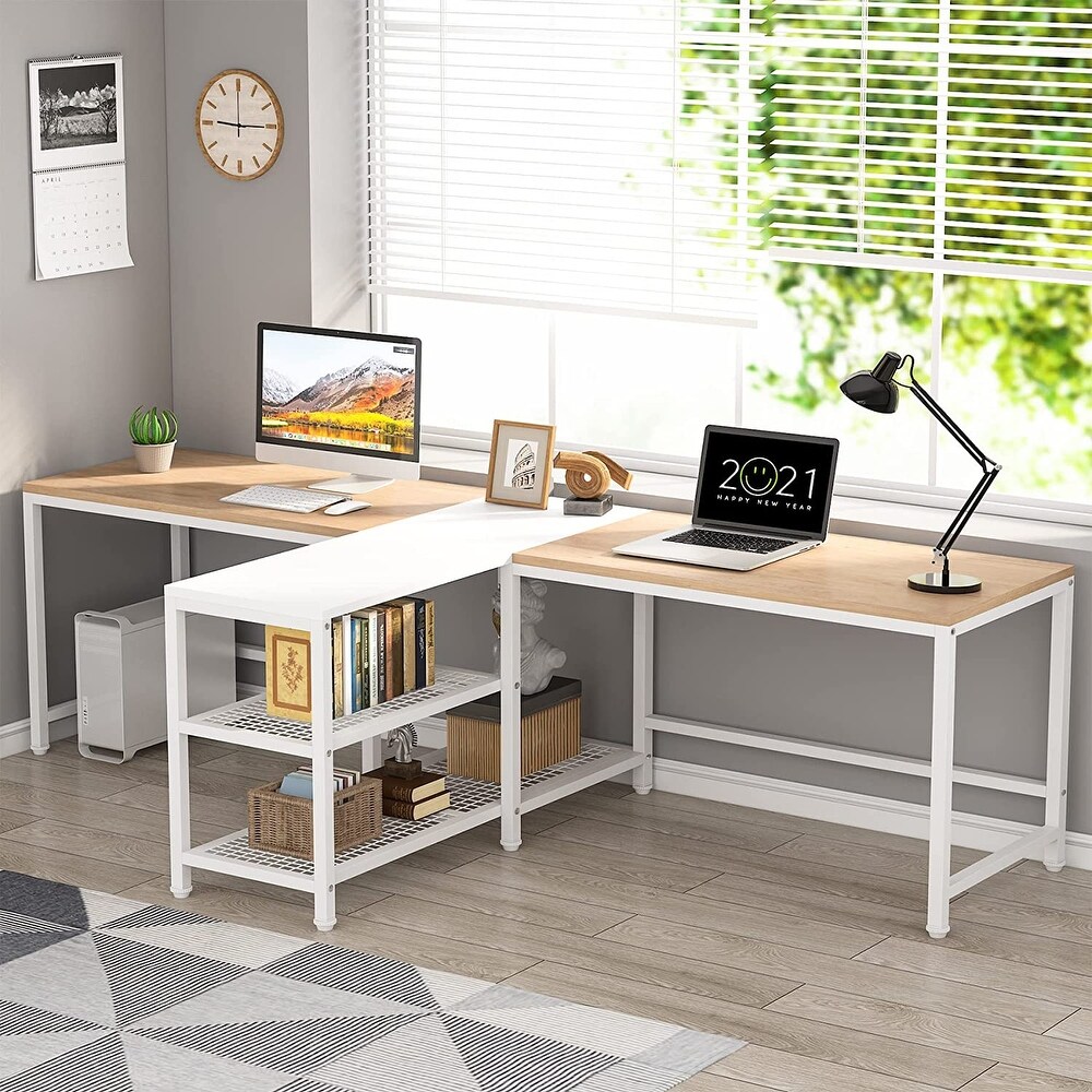 94.5 inch Double Computer Desk with Storage Shelves  Two Person Desk