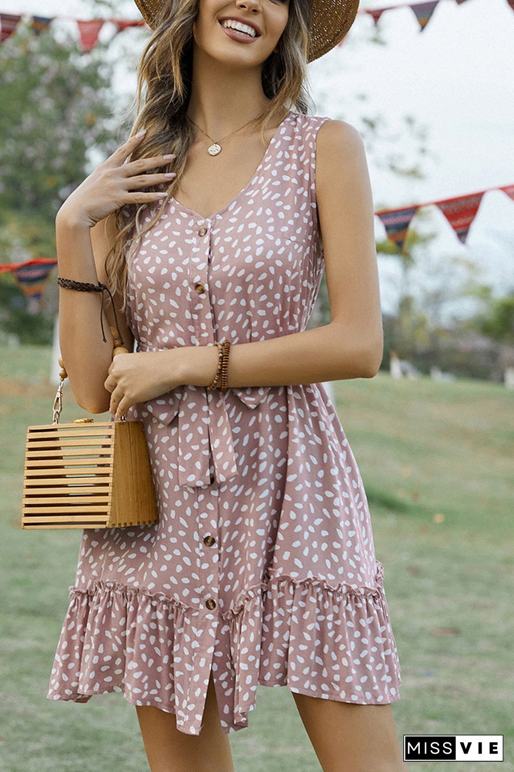 V Neck Buttoned Printed Sleeveless Dress With Sash