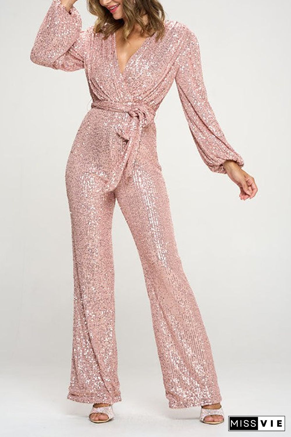 Sequin Draped Belted Puff Sleeve Wide Leg Jumpsuit